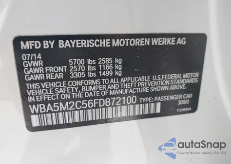 2015 BMW 535I Gran Turismo из США, поврежденный, VIN WBA5M2C56FD872100